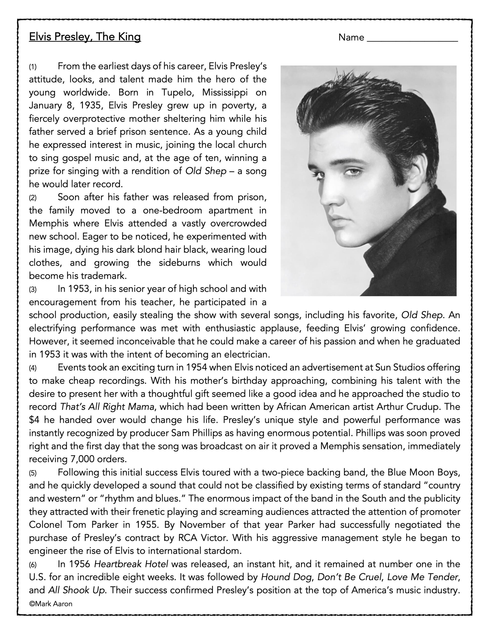 Elvis Presley- Reading Comprehension Passage And Assessment - Classful throughout Elvis Presley Reading Comprehension Worksheet