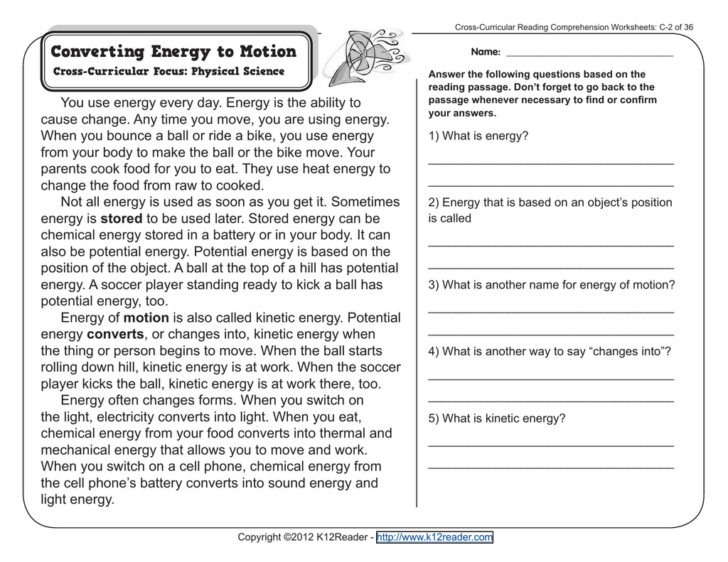 Potential and Kinetic Energy Reading Comprehension Worksheet