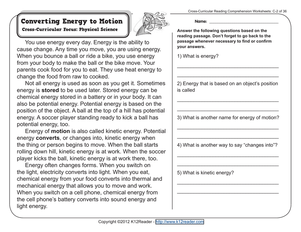 Energy Conversion Worksheet: Potential &amp;amp; Kinetic Energy pertaining to Potential And Kinetic Energy Reading Comprehension Worksheet