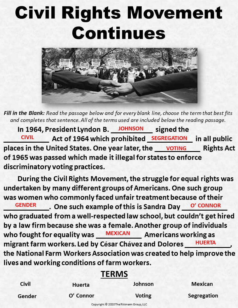 Engaging Worksheets On The Civil Rights Movement throughout Civil Rights Movement Reading Comprehension Worksheets