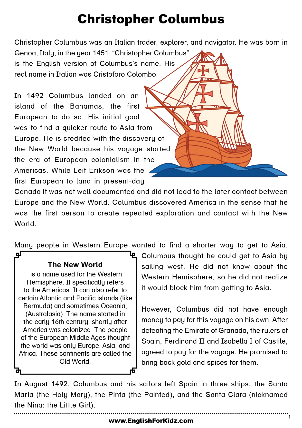 English For Kids Stepstep: Columbus Day Worksheets And Reading throughout Christopher Columbus Reading Comprehension Worksheet