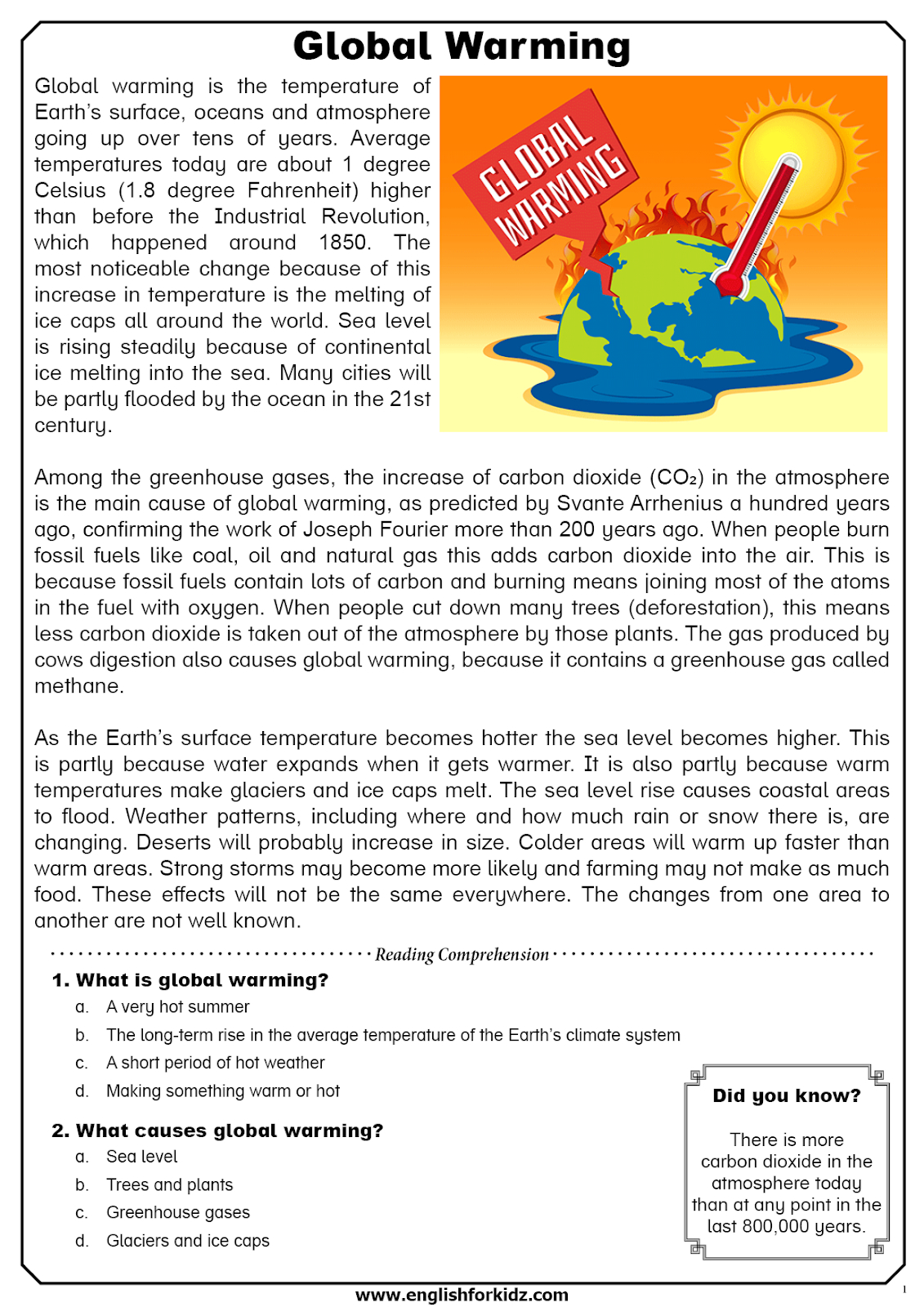 English For Kids Stepstep: Global Warming Reading regarding Greenhouse Effect Reading Comprehension Worksheets