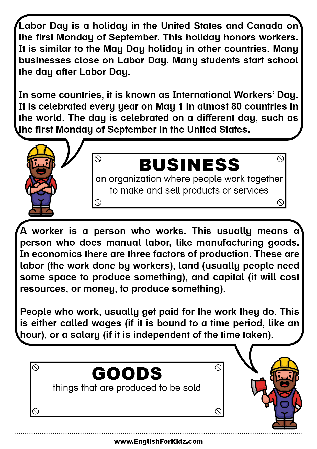 English For Kids Stepstep: Labor Day Worksheets And Reading for Labor Day Reading Comprehension Worksheets High School