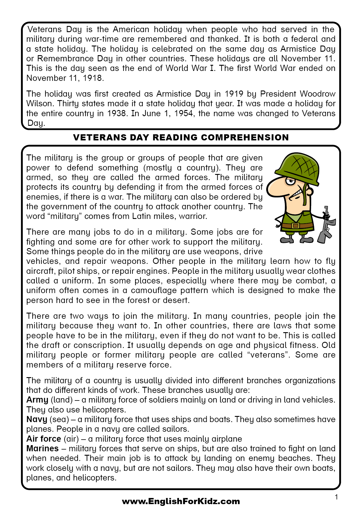 English For Kids Stepstep: Veterans Day Reading Comprehension in Holiday Reading Comprehension Worksheets Free