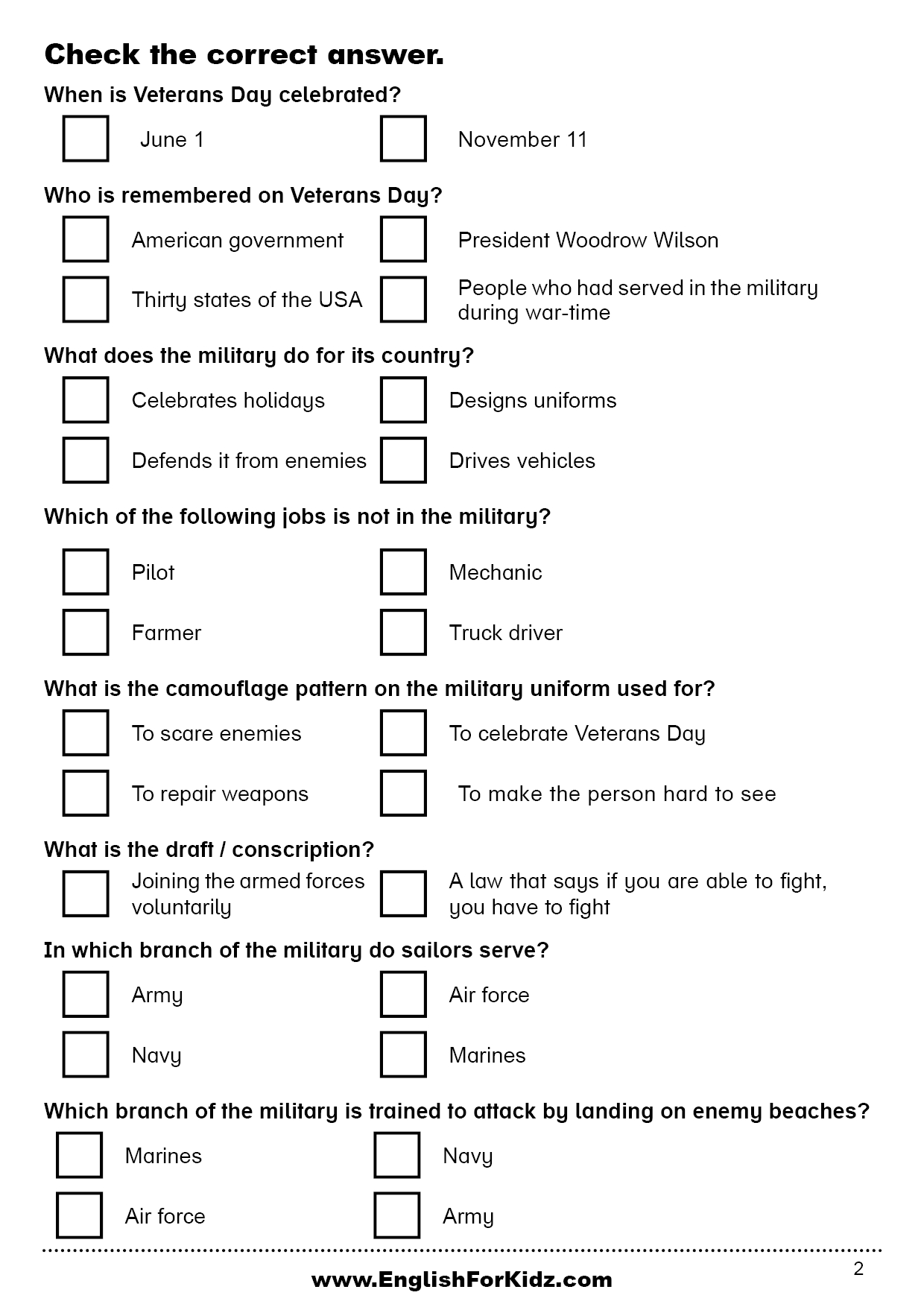 English For Kids Stepstep: Veterans Day Reading Comprehension with Veterans Day Reading Comprehension Worksheet