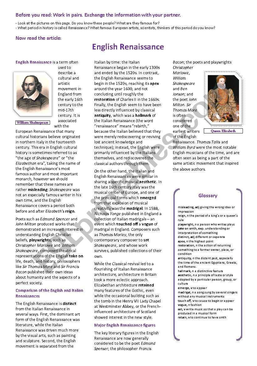 English Renaissance -- Reading Tasks - Esl Worksheetelectrelane within Renaissance Reading Comprehension Worksheets