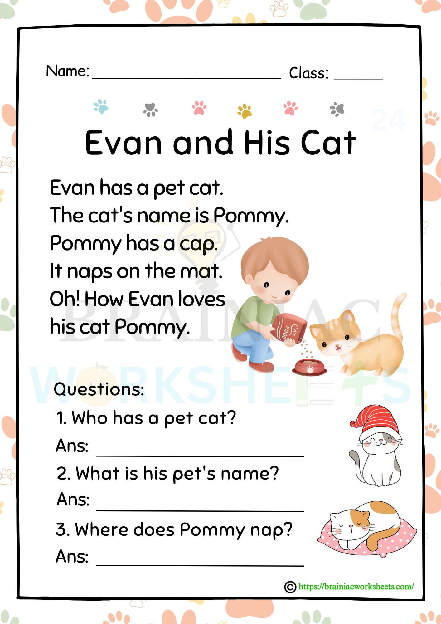 English Worksheet For Class 1 Reading Comprehension Evan And His intended for Reading Comprehension Worksheet For Ukg