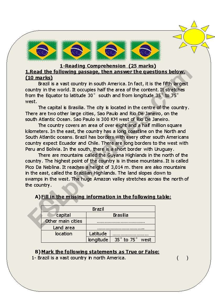 English Worksheets: Reading Passage About Brazil throughout Brazil Reading Comprehension Passages Worksheets
