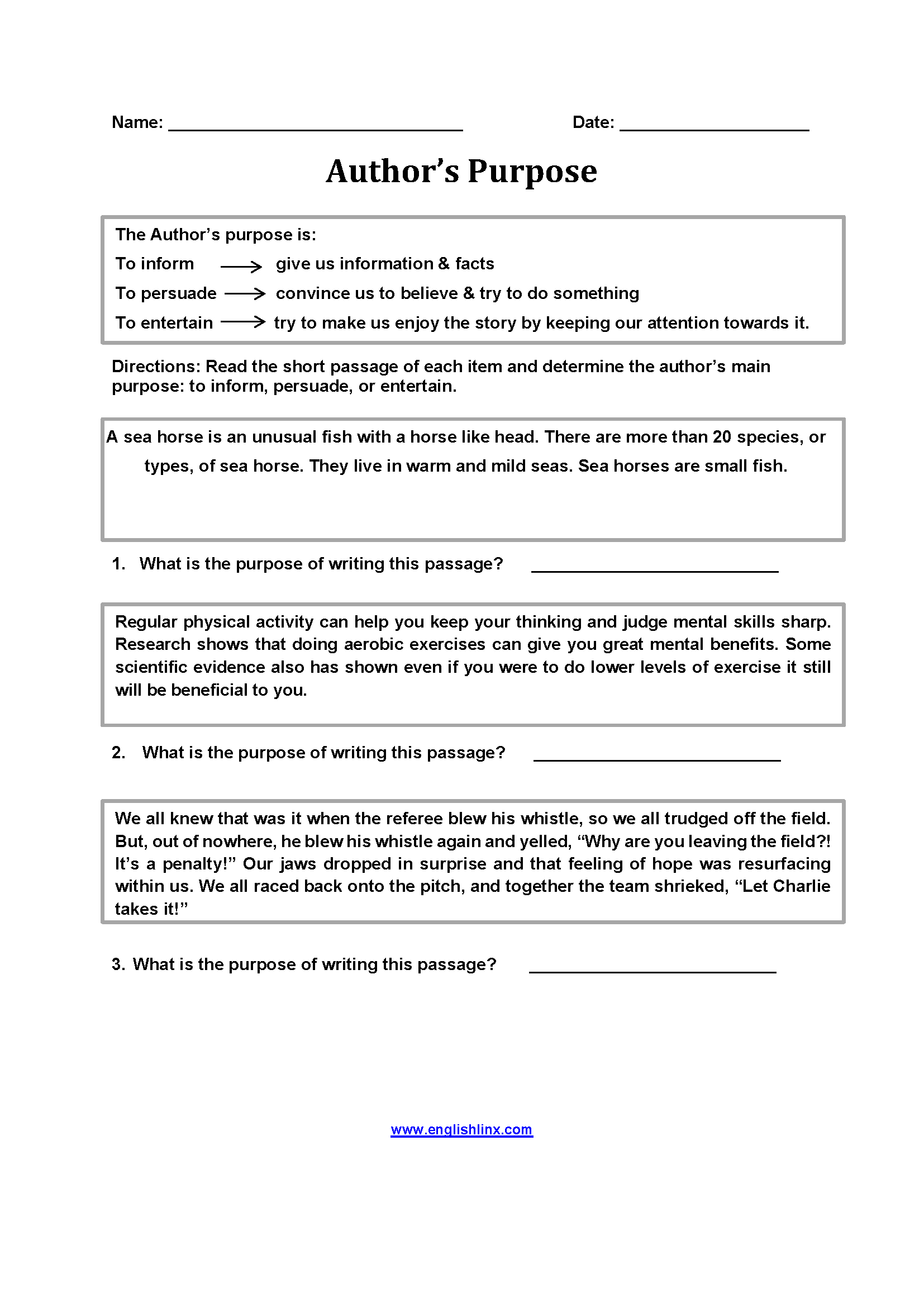 Englishlinx | Author&amp;#039;S Purpose Worksheets for Author&amp;amp;#039;s Purpose Reading Comprehension Worksheet