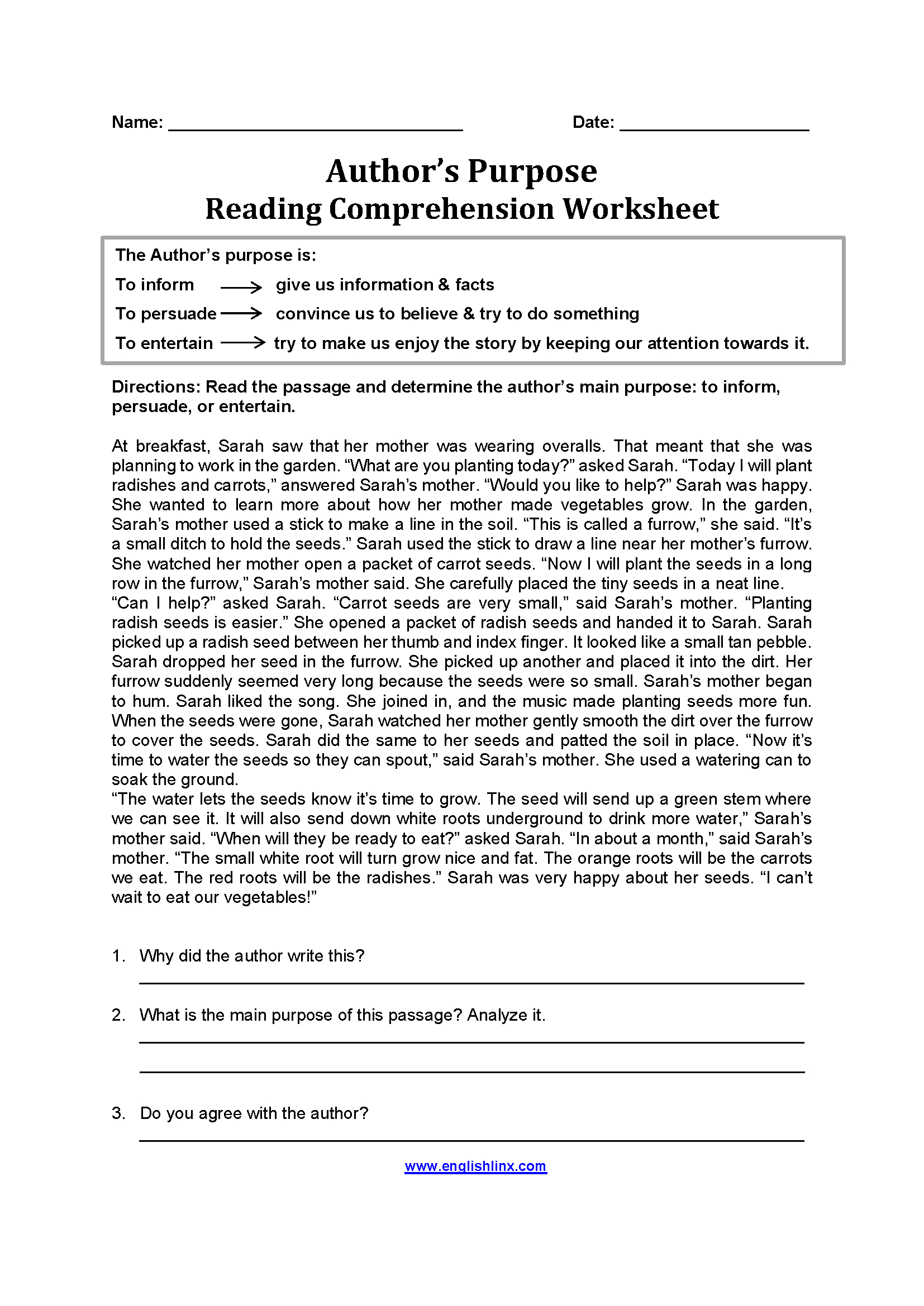 Englishlinx | Author&amp;#039;S Purpose Worksheets with Author&amp;#039;S Purpose Reading Comprehension Worksheet