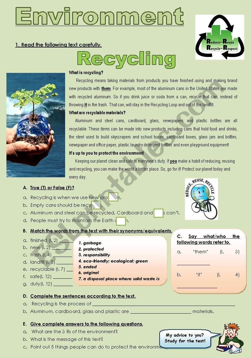 Environment - Recycling - Esl Worksheetveraviana intended for Recycle Reading Comprehension Worksheet