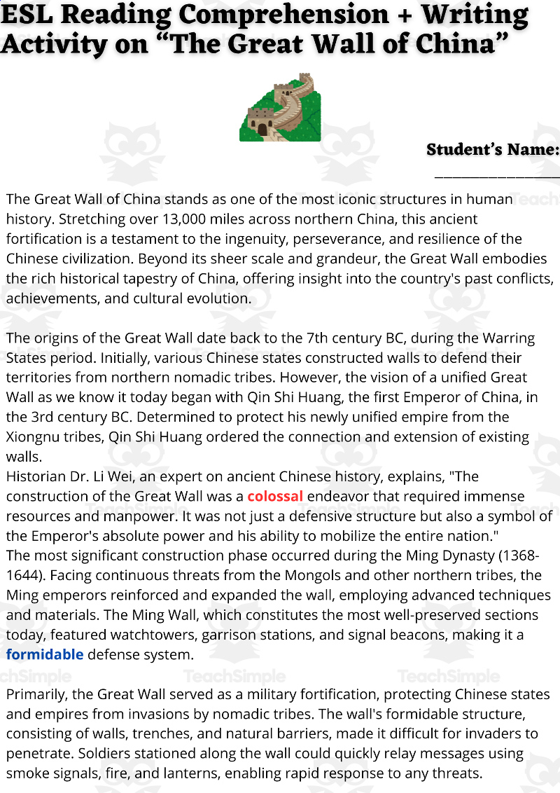 Esl Reading Comprehension + Essay Worksheets - The Great Wall Of China throughout Ancient China Reading Comprehension Worksheets