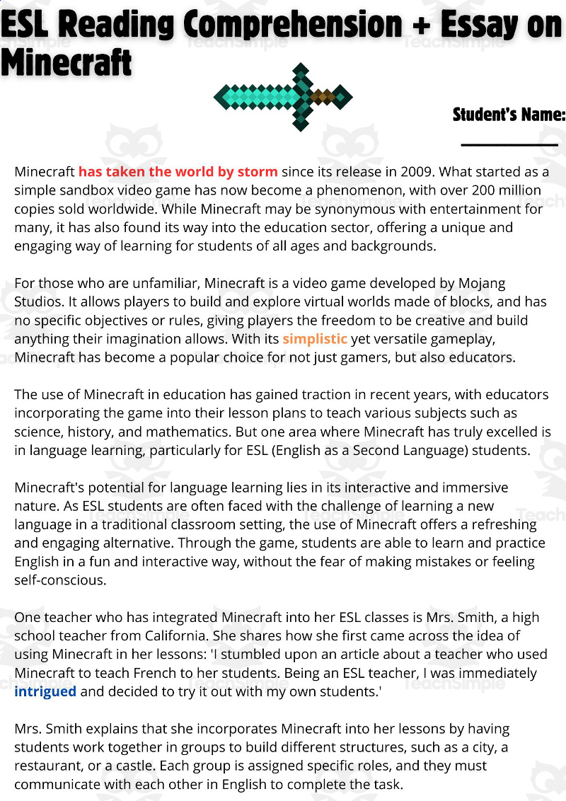Esl Reading Comprehension + Writing Activity On Minecraft regarding Minecraft Reading Comprehension Worksheets With Questions