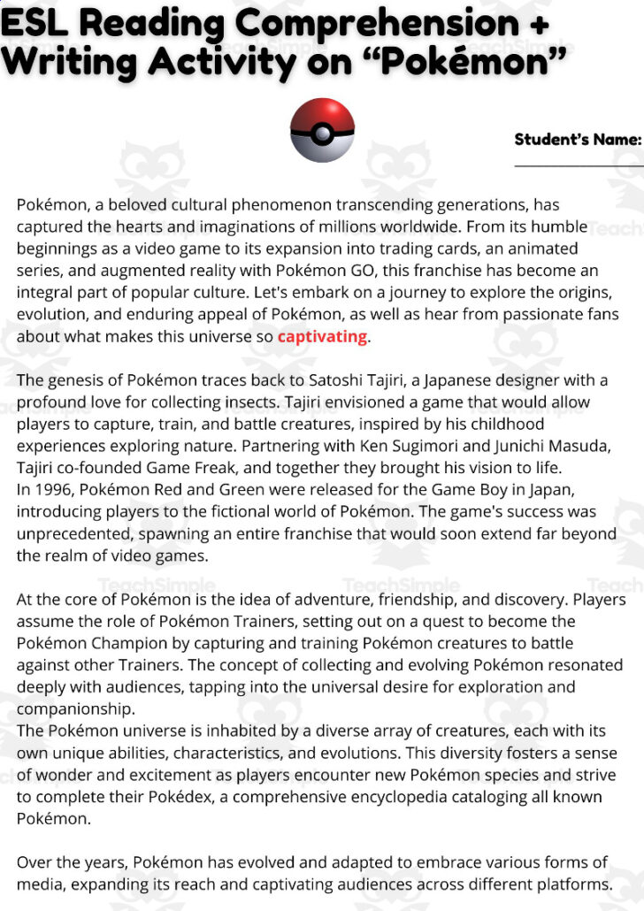 Pokemon Reading Worksheets