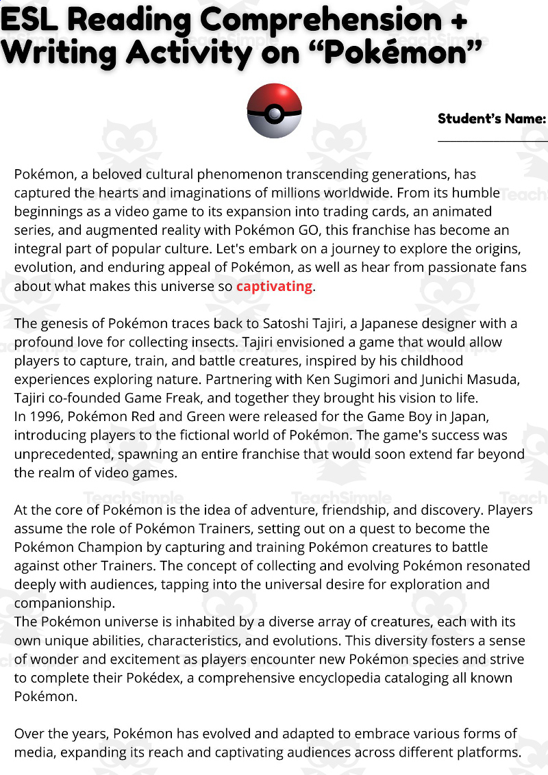Esl Reading Comprehension + Writing Activity On Pokémon for Pokemon Reading Worksheets