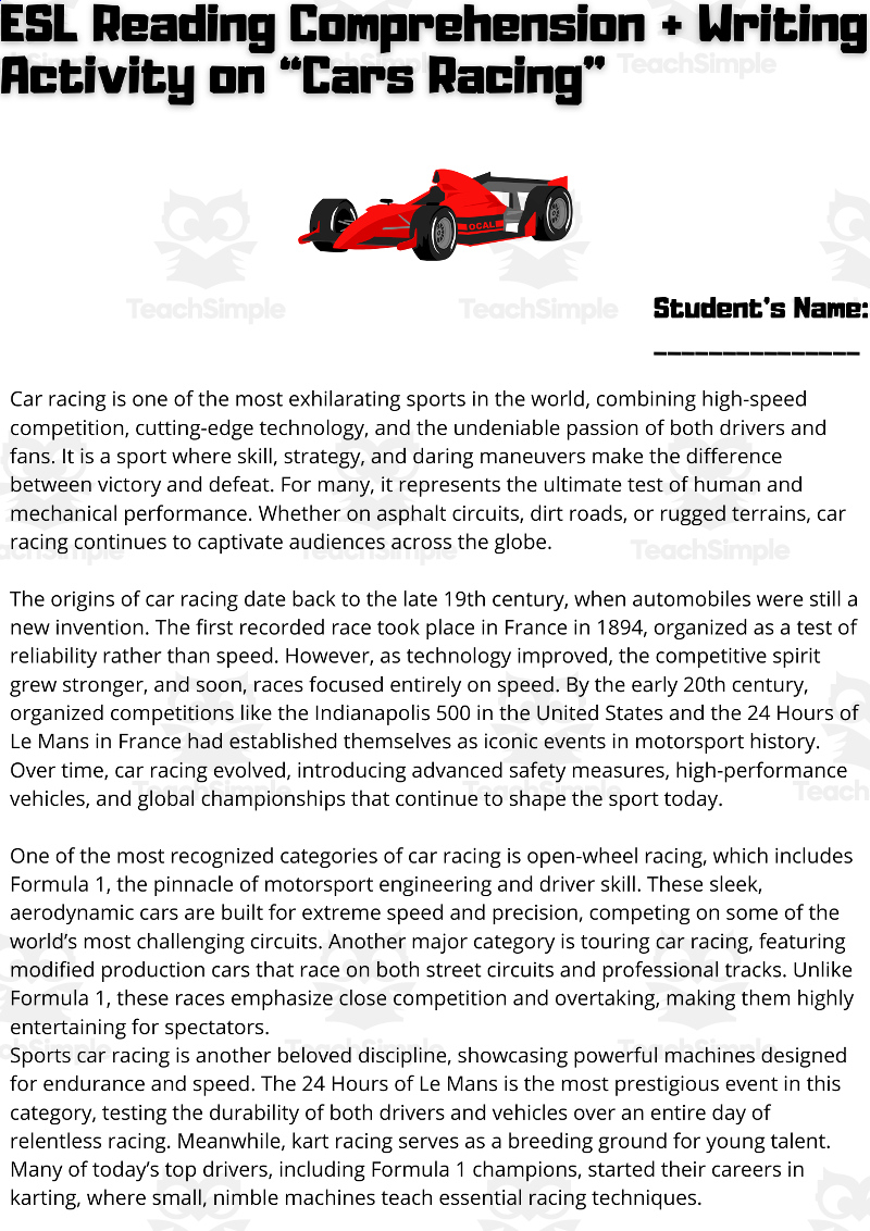 Esl Reading Comprehension + Writing Activity Worksheets On Car Racing intended for Race Car Reading Comprehension Worksheet