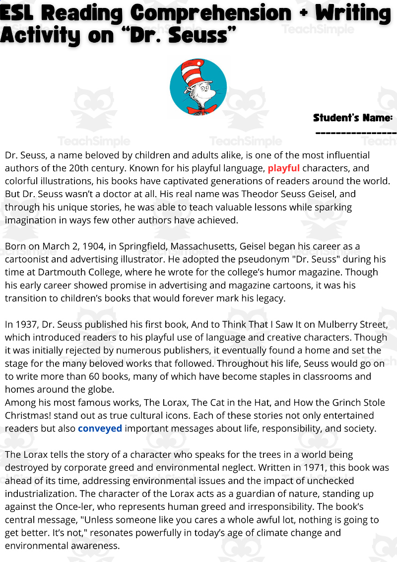 Esl Reading Comprehension + Writing Activity Worksheets On Dr pertaining to Dr Seuss Reading Comprehension Passages Worksheets
