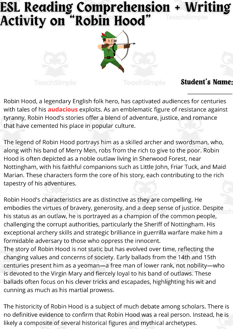 Esl Reading Comprehension + Writing Activity Worksheets On Robin Hood inside Legend Adventure Reading Comprehension Worksheets
