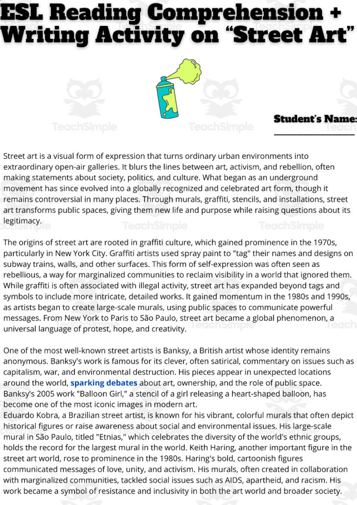 Art Reading Comprehension Worksheets
