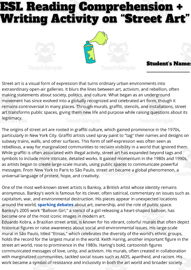 Esl Reading Comprehension + Writing Activity Worksheets On Street Art with regard to Art Reading Comprehension Worksheets