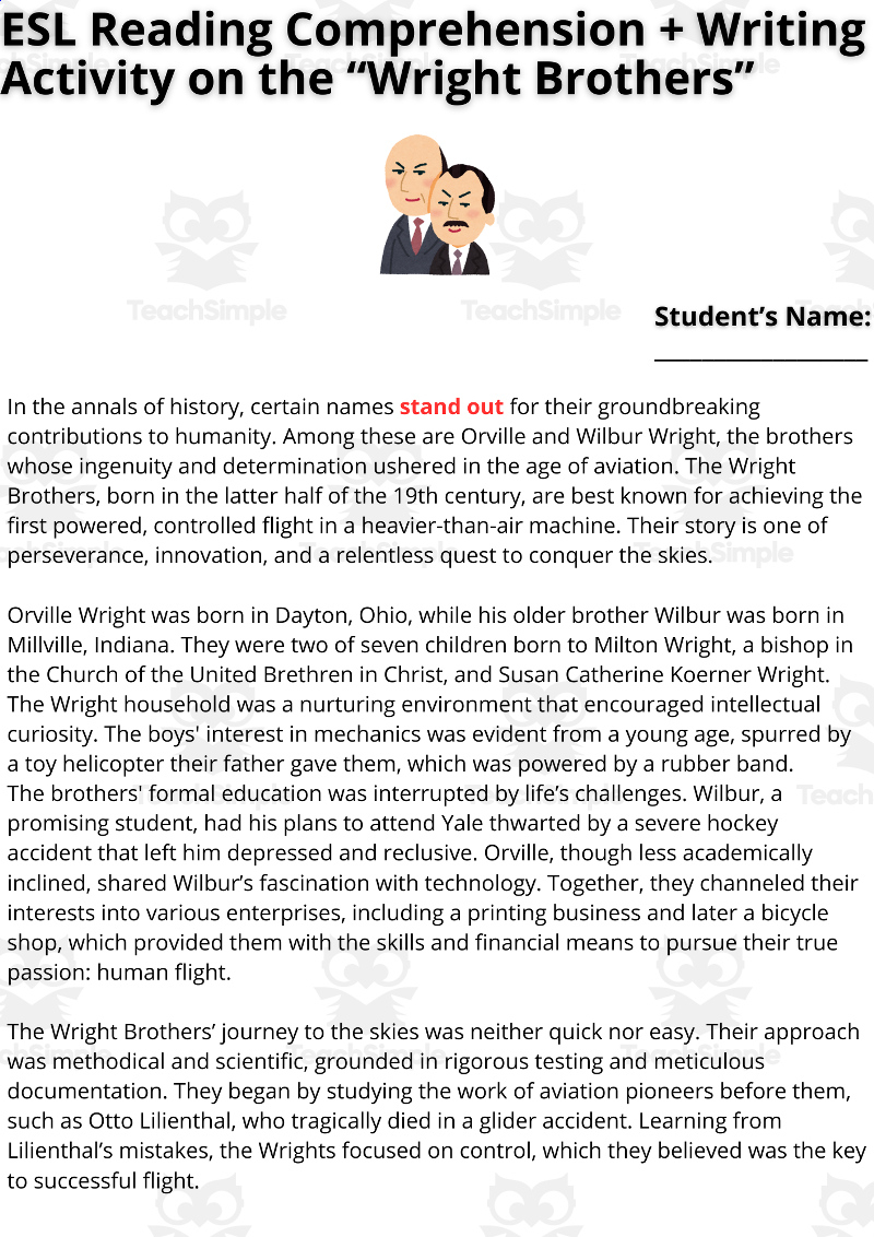 Esl Reading Comprehension + Writing Activity - Wright Brothers regarding Wright Brothers Reading Comprehension Worksheet