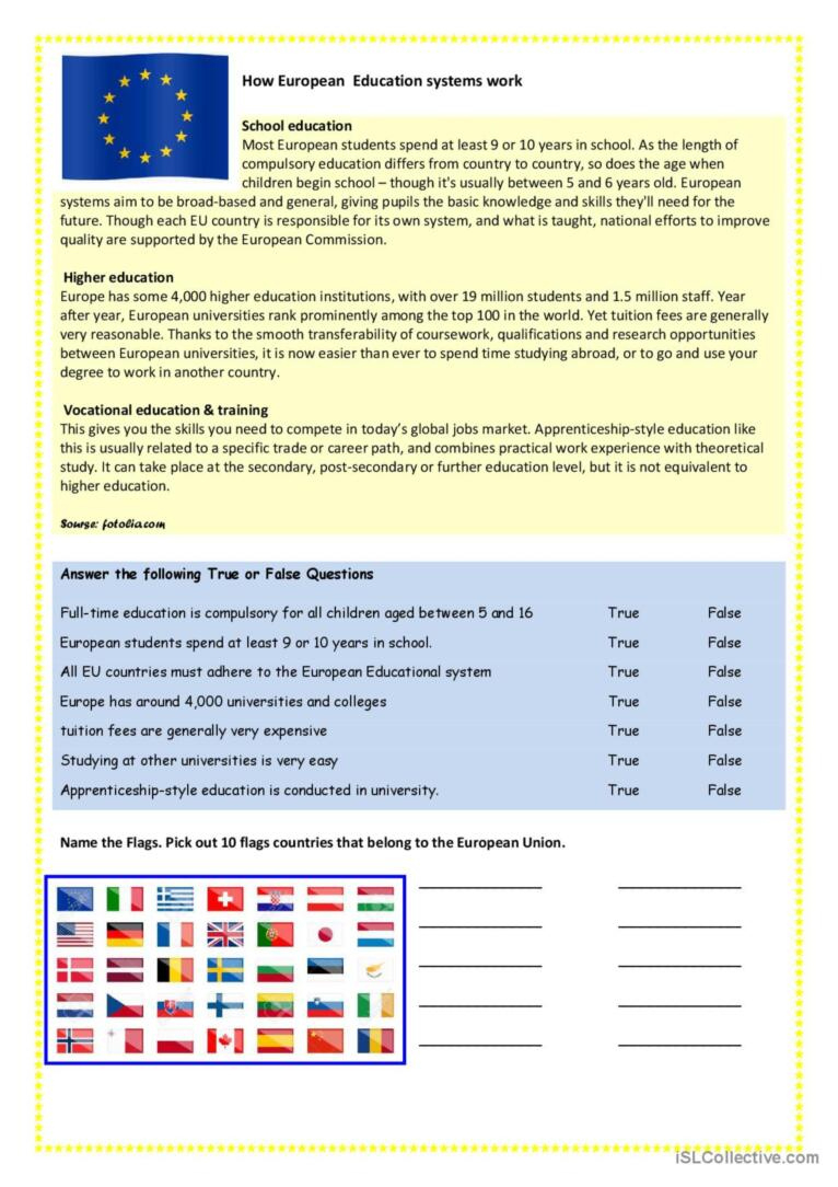 Eu Education System Reading For Deta…: English Esl Worksheets Pdf for Europe Reading Comprehension Worksheets