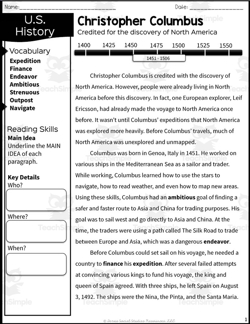 European Exploration With Christopher Columbus Reading Packet pertaining to Christopher Columbus Reading Comprehension Worksheet