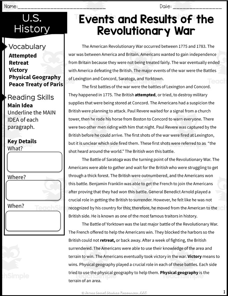 Events Of The Revolutionary War Reading Packet in Revolutionary War Reading Comprehension Worksheets
