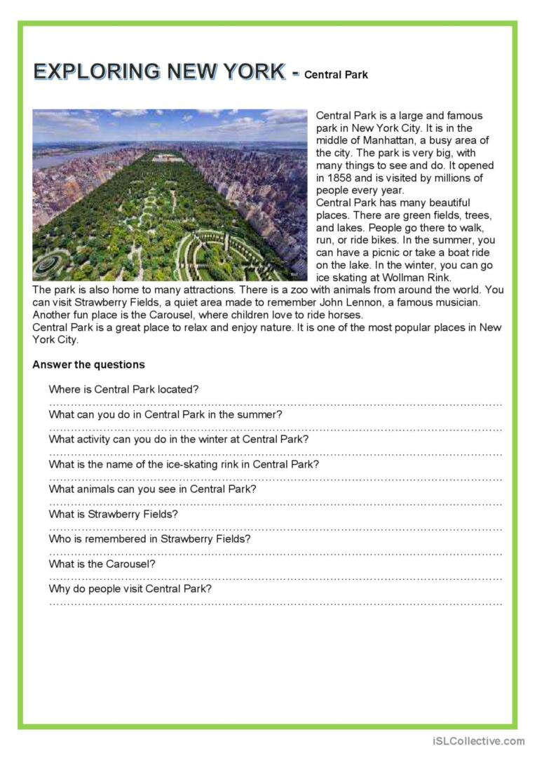 Exploring New York - Central Park Ge…: English Esl Worksheets Pdf intended for Central Park New York Reading Comprehension Worksheets