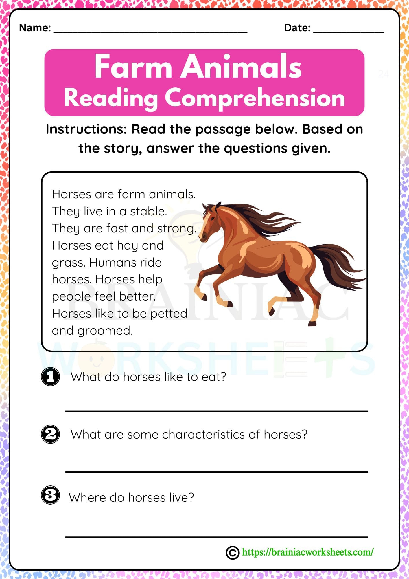 Farm Animals Horse Reading Comprehension English Worksheet For within Grade 5 English Comprehension Worksheets Farm Animals