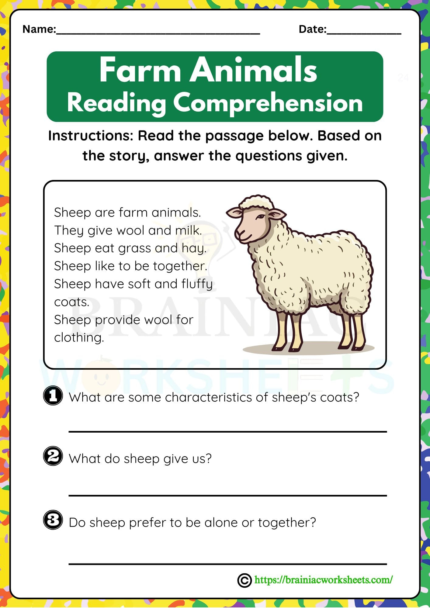 Farm Animals Sheep Reading Comprehension English Worksheet For with Grade 5 English Comprehension Worksheets Farm Animals