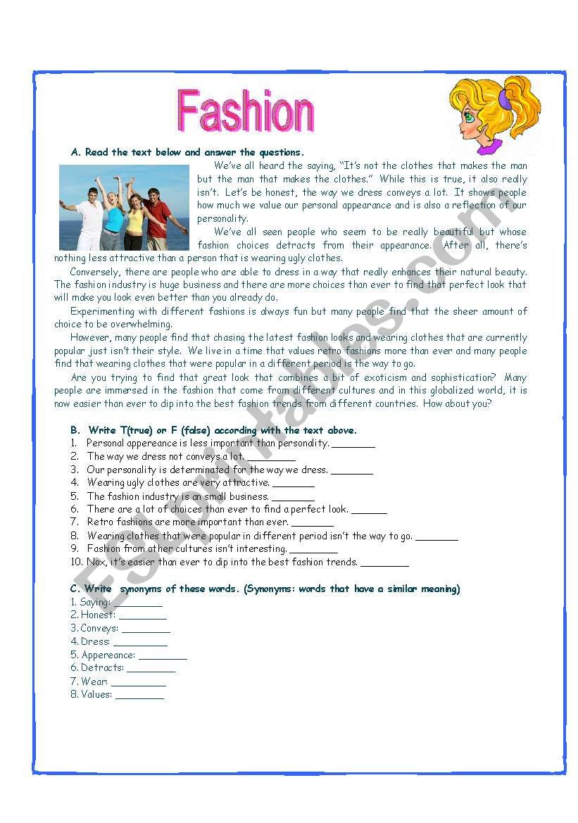 Fashion And Clothes - Esl Worksheetanallely23 throughout Fashion Reading Comprehension Worksheets Liveworksheets