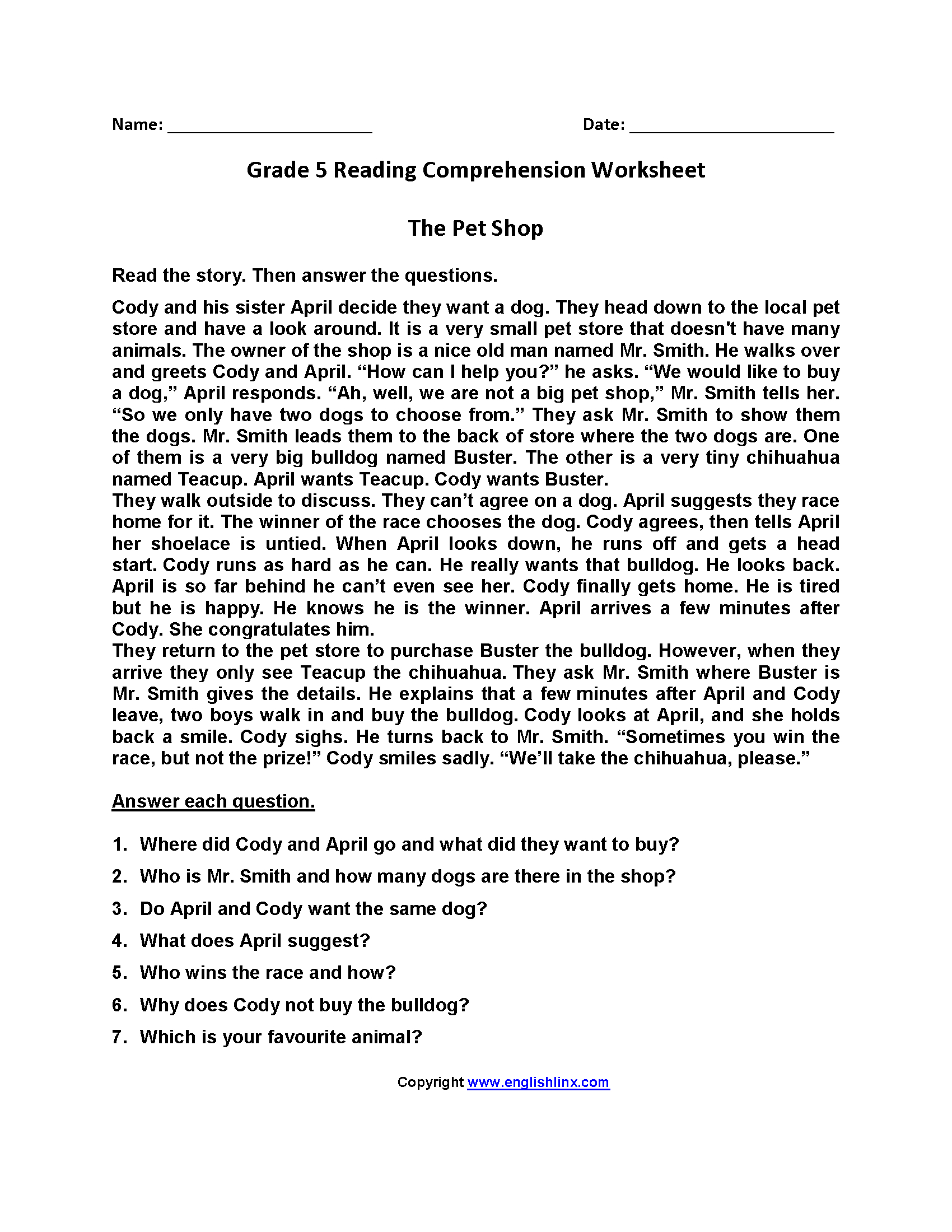 Fifth Grade Reading Worksheets | Improve Fluency &amp;amp; Vocabulary intended for Grade 5 Reading Comprehension Worksheet the Pet Shop