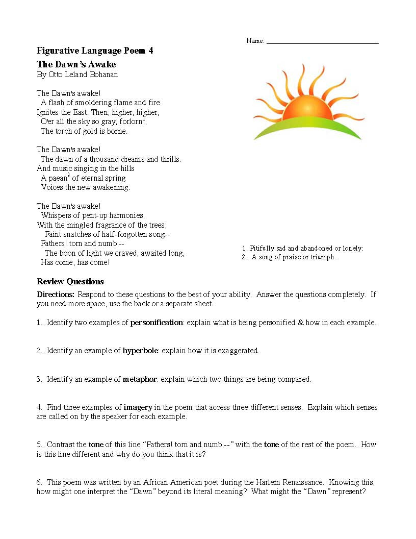 Figurative Language Poem 4: &amp;lt;Em&amp;gt;The Dawn&amp;#039;S Awakening!&amp;lt;/Em&amp;gt;Otto pertaining to Harlem Renaissance Reading Comprehension Worksheets