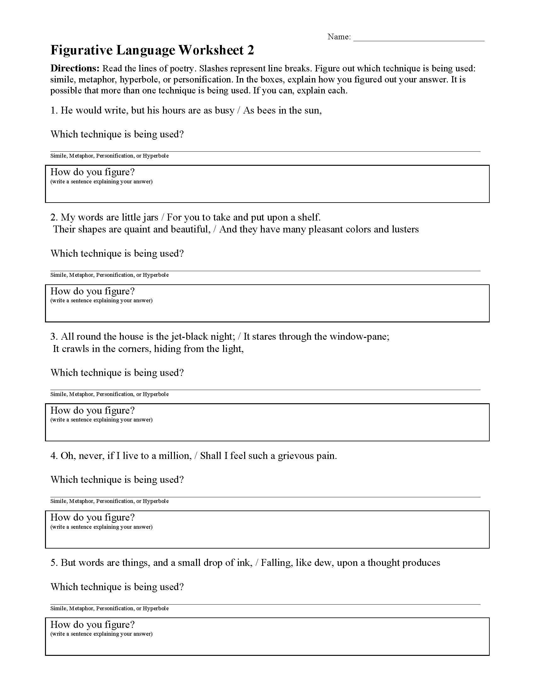 Figurative Language Worksheet 2 | Reading Activity for Figurative Language Reading Comprehension Worksheets