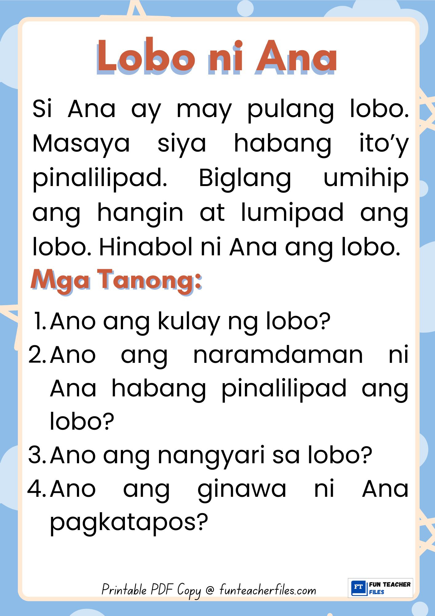 Filipino Reading Materials With Comprehension Questions Set 11 throughout Reading Comprehension Worksheet Tagalog