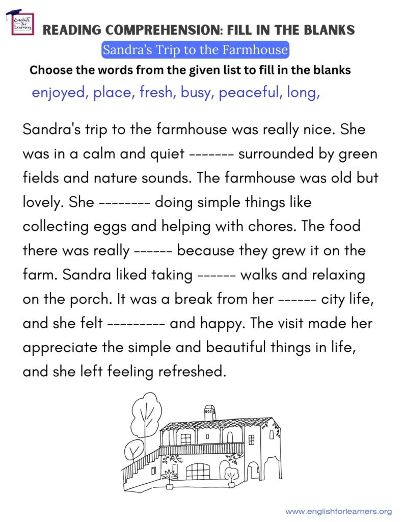 Fill In The Blanks: Sandra'S Visit To The Farmhouse - with Fill In The Blanks Reading Comprehension Worksheets