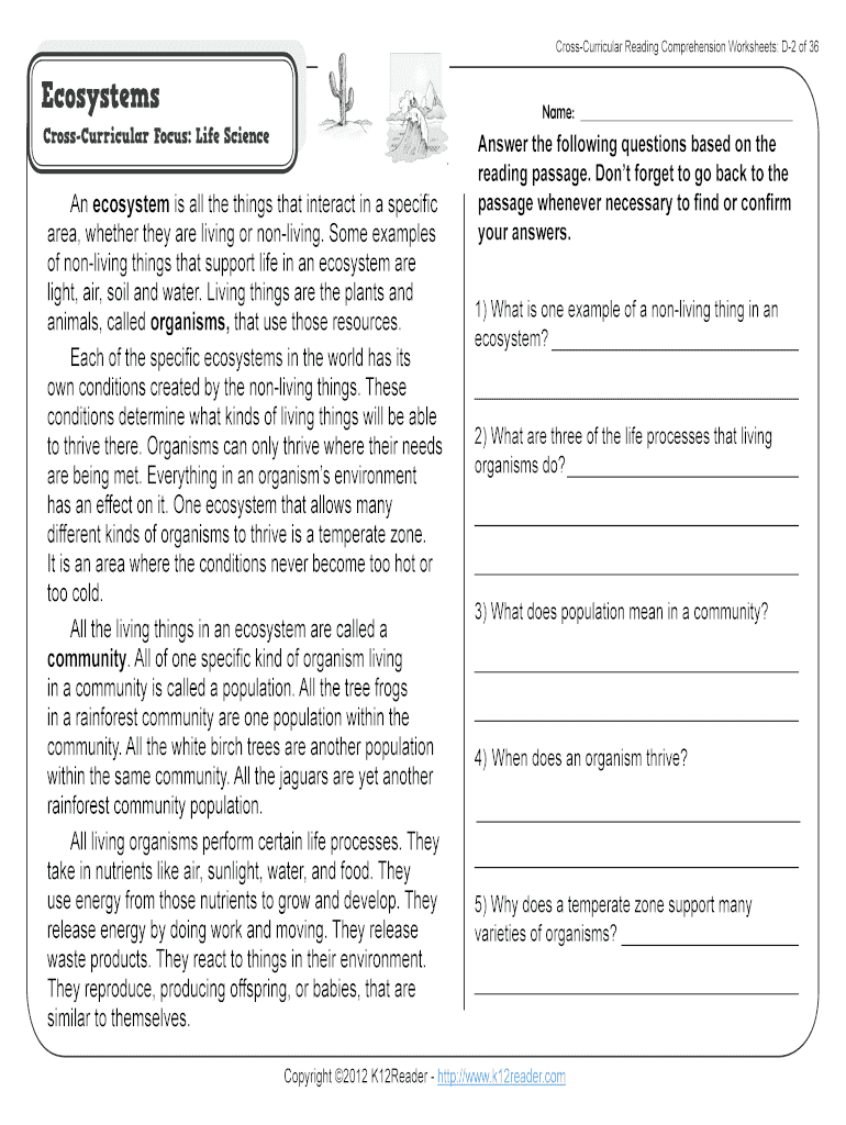 Fillable Online Cross-Curricular Reading Comprehension Worksheets throughout Cross Curricular Reading Comprehension Worksheets D 2 Of 36