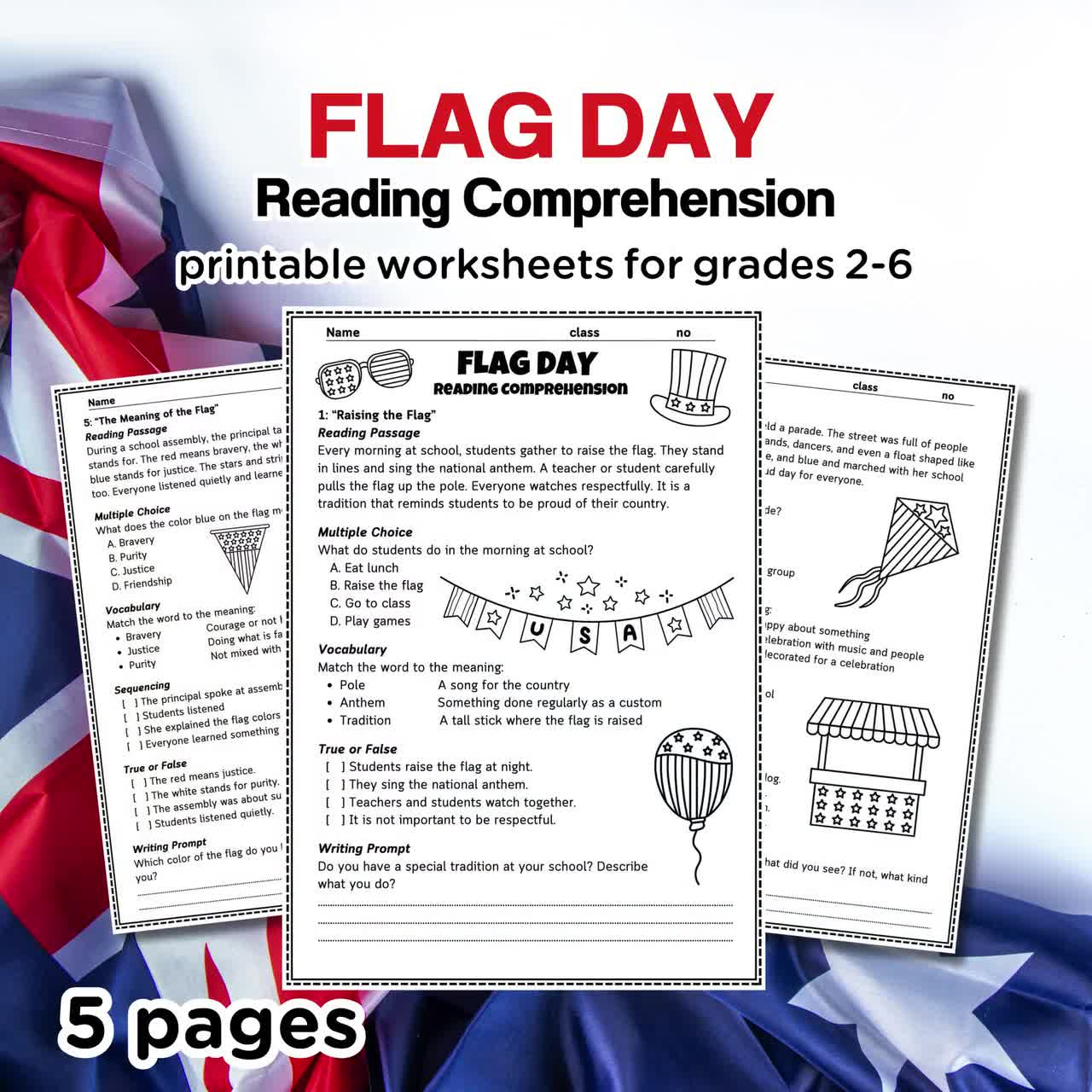 Flag Day Reading Comprehension Worksheet: Grades 2-6 (Pdf Download) regarding American Flag History Reading Comprehension Worksheets