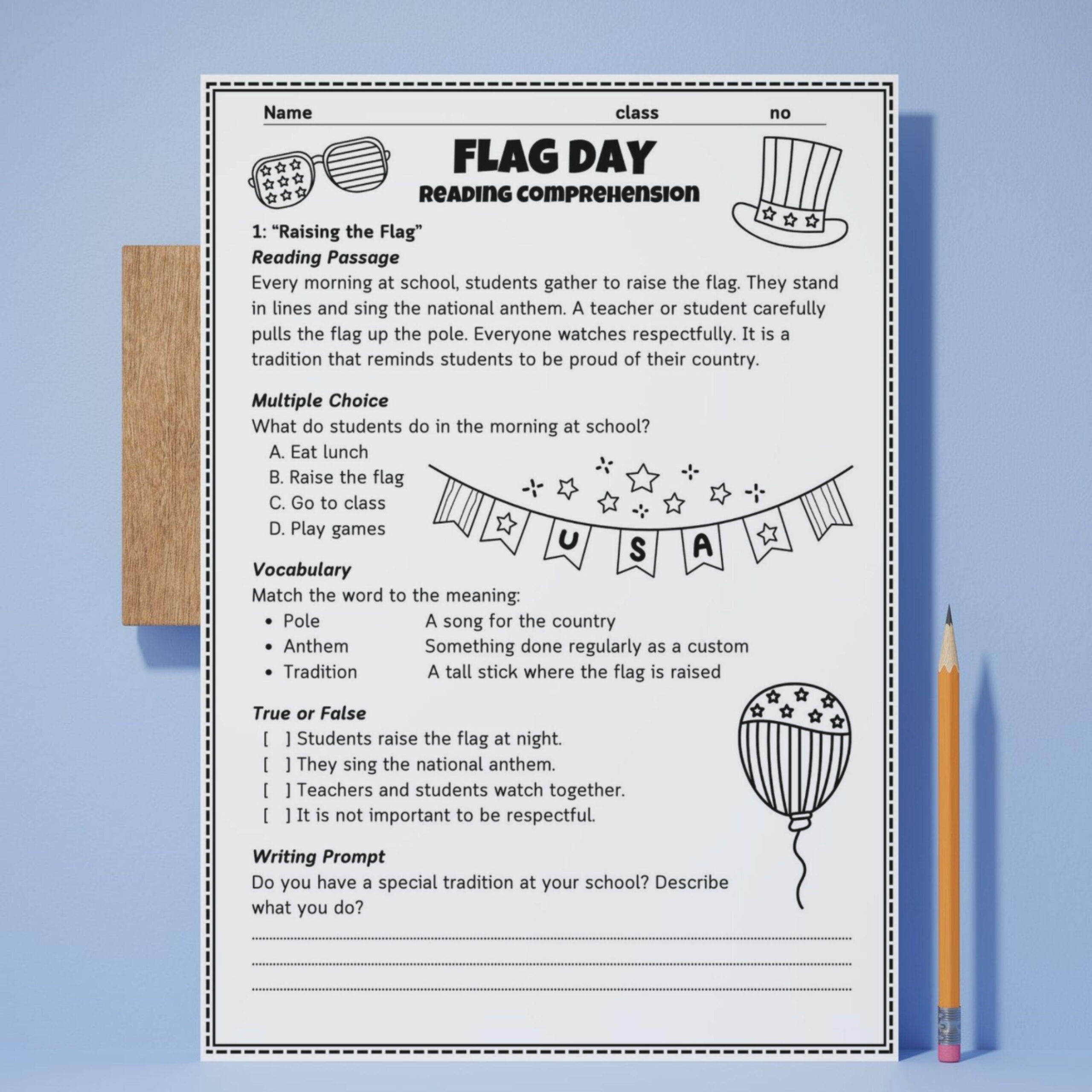 Flag Day Reading Comprehension Worksheet: Grades 2-6 (Pdf Download with Flag Day Reading Comprehension Worksheets