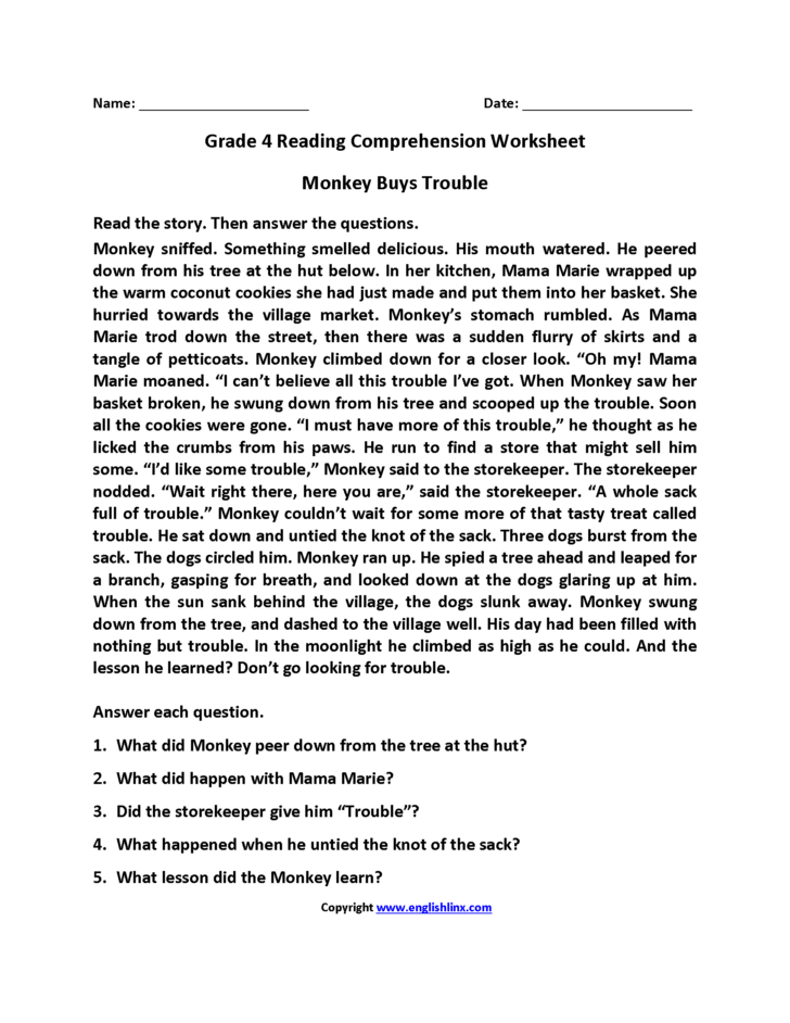 Grade 4 Reading Comprehension Passages Worksheets