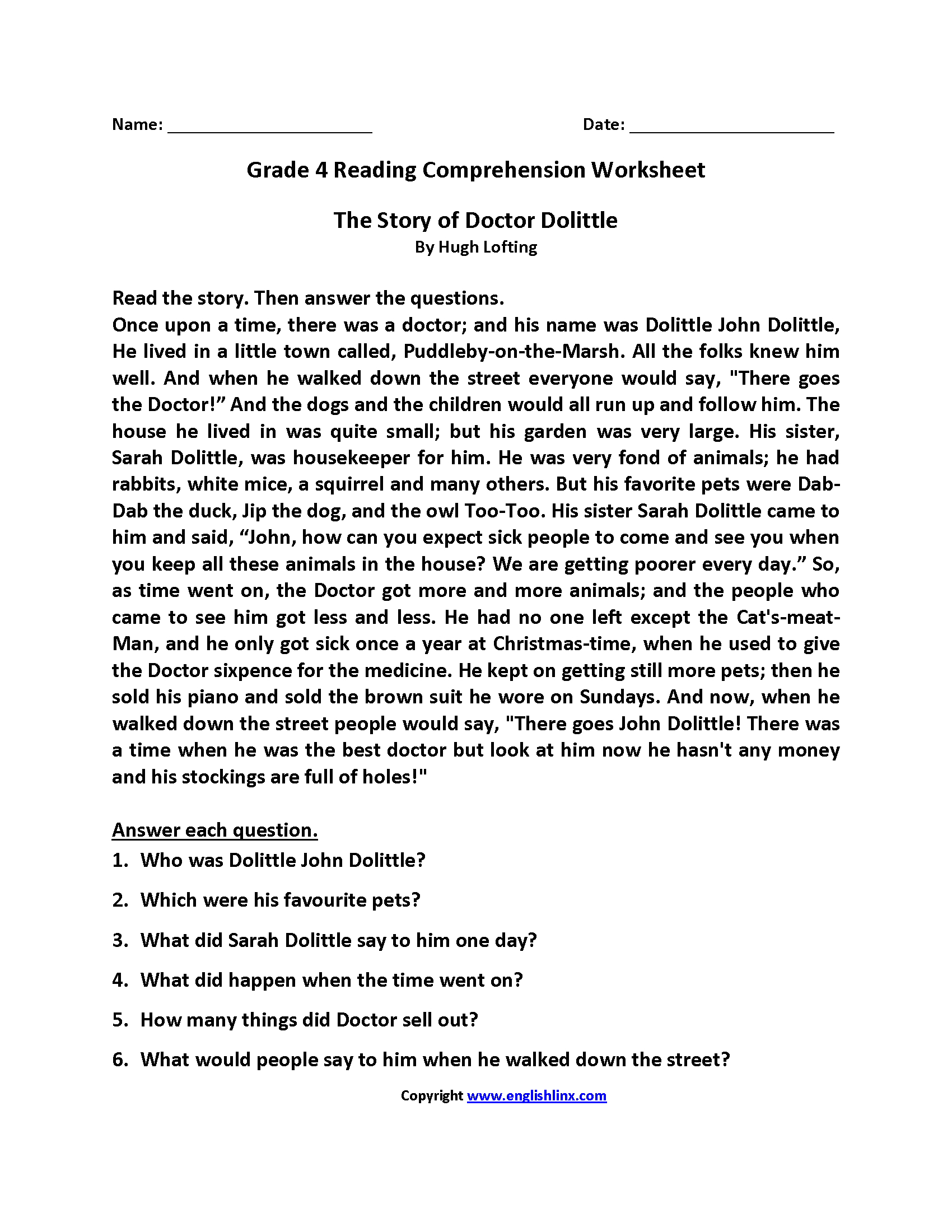 Fourth Grade Reading Worksheets | Improve Fluency &amp;amp; Comprehension with Reading Comprehension Worksheet For Class 4Th