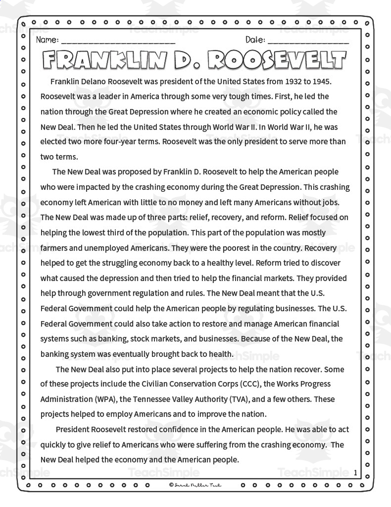 Franklin D. Roosevelt Activity Packet with Franklin D Roosevelt Reading Comprehension Worksheets