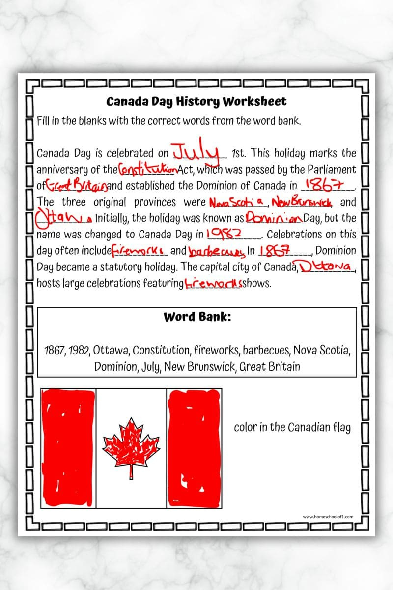 Free Canada Day Worksheet For Kids (Fill In The Blank) in Canadian Culture Reading Comprehension Worksheets