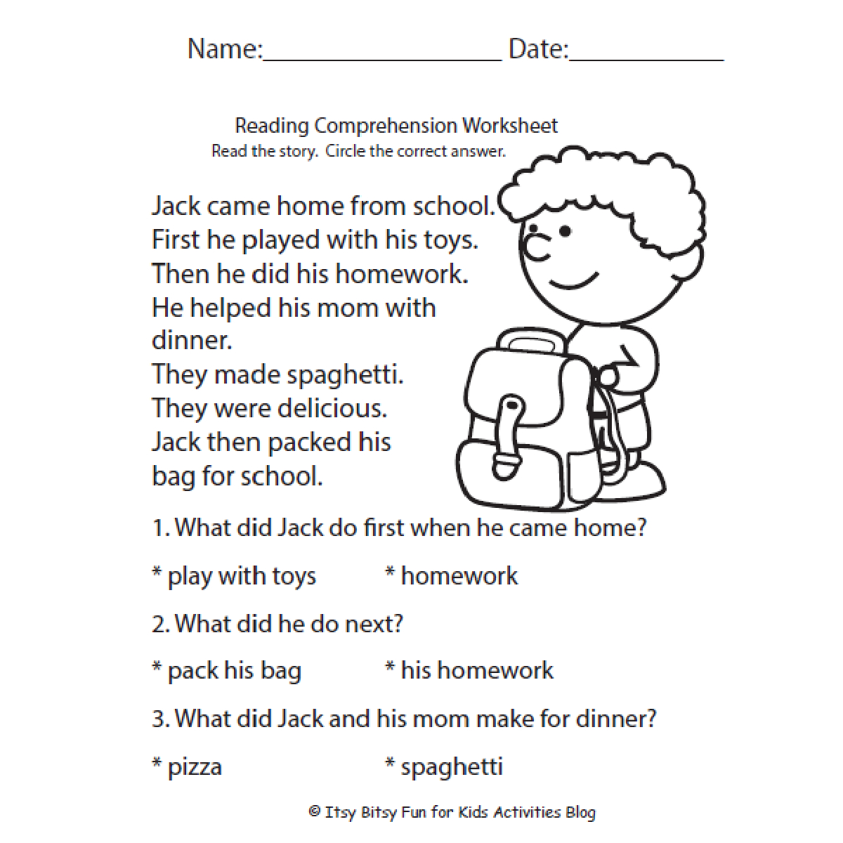 Free Reading Comprehension Worksheets For Back To School for Reading Comprehension 1st Grade Worksheets