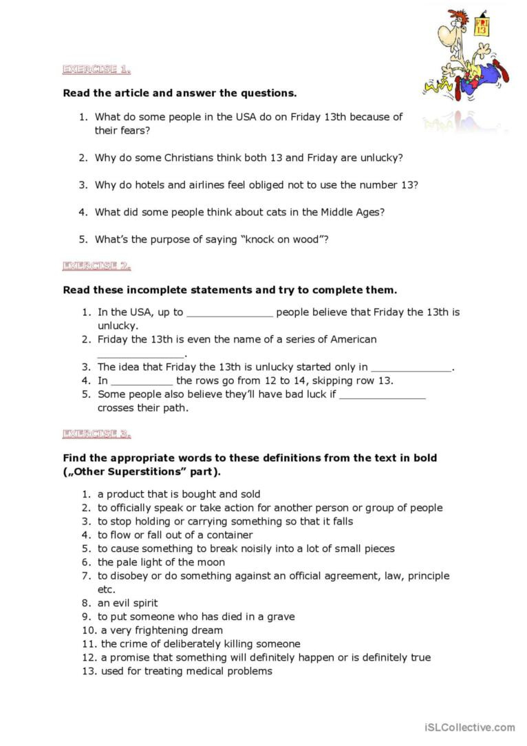 Friday The 13Th Reading For Detail (…: English Esl Worksheets Pdf pertaining to Superstition Reading Comprehension Worksheets Middle School