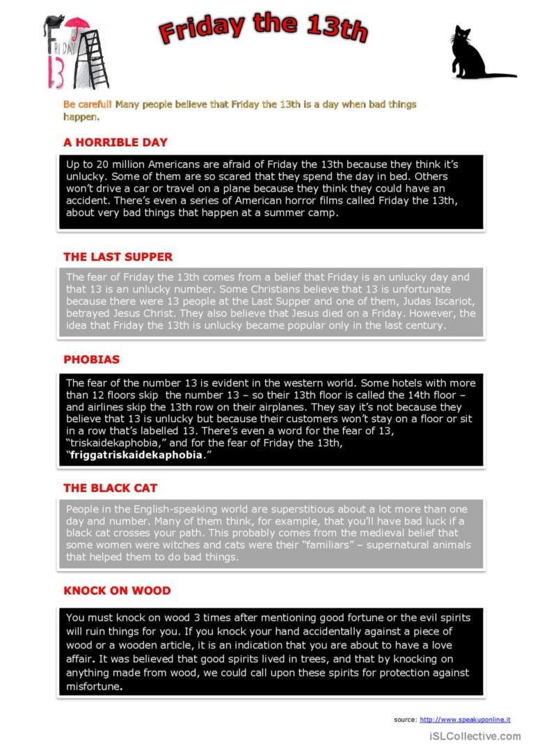 Friday The 13Th Reading For Detail (…: English Esl Worksheets Pdf regarding Superstition Reading Comprehension Worksheets Middle School