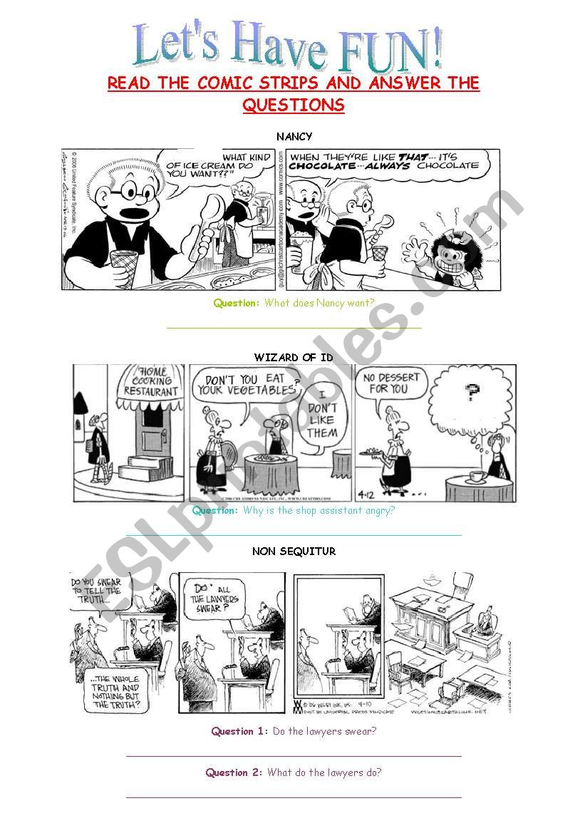 Fun With Comic Strips - Esl Worksheetmeltemmeltem regarding Comic Strips Reading Comprehension Worksheets Grade 6