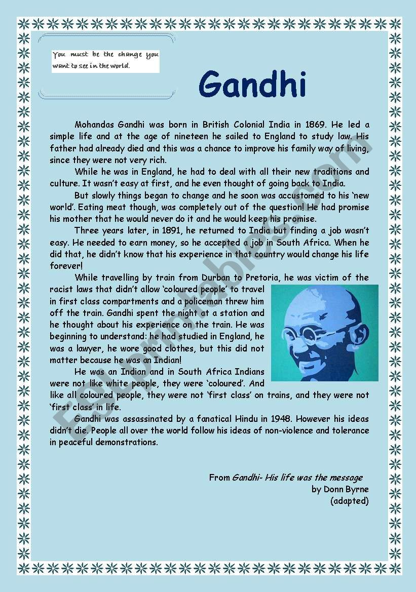 Gandhi Reading Comprehension (4 Pages) - Esl Worksheet with Gandhi Reading Comprehension Worksheets