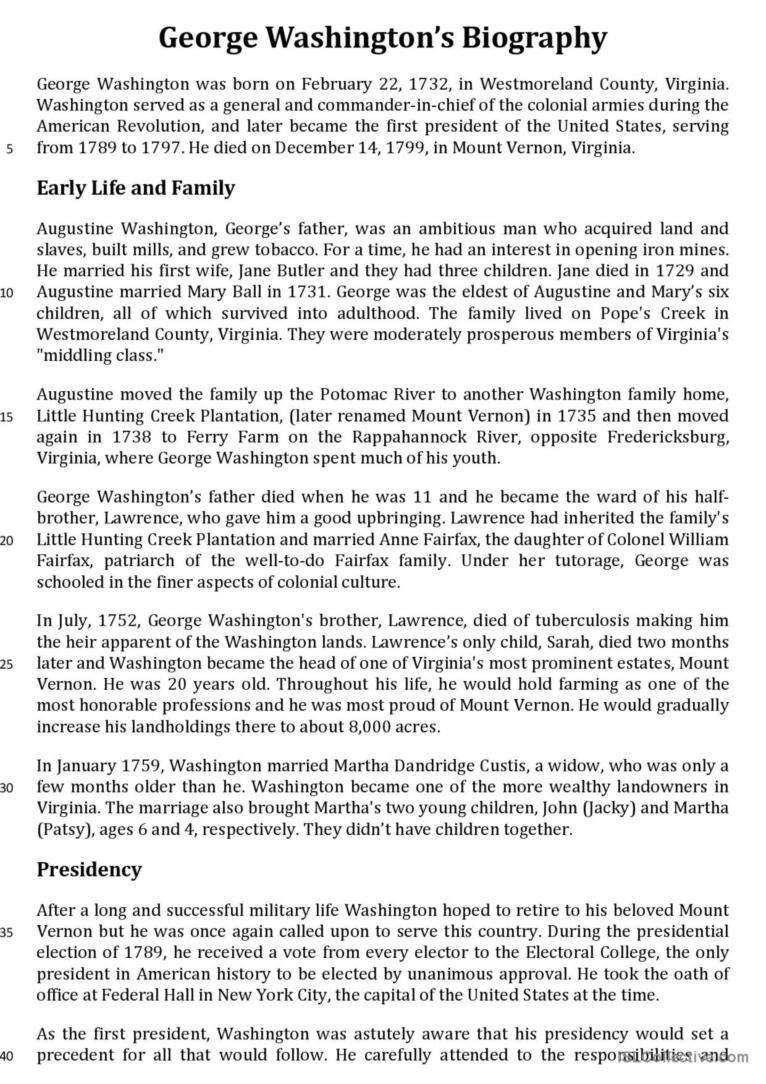 George Washington&amp;#039;S Biography Readin…: English Esl Worksheets Pdf in George Washington Reading Comprehension Worksheets